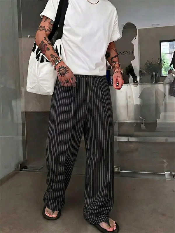Men’s black striped pants with a drapey feel for spring/autumn, loose straight-leg floor-length trousers, versatile, light business-casual long pants