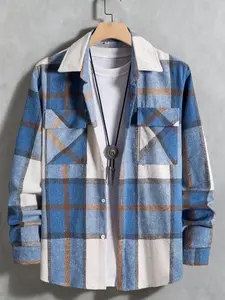 Men's Long Sleeve Collared Casual Woven Button Pocket Fitted Checkered Shirt Fabric, Fashion Simple Irregular Plaid Checked Design, Ideal for Dating and Social Events