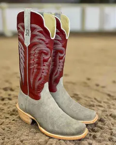 R. Watson Men's Grey Roughout & Red Sinatra Top Cutter Toe Cowboy Boots RW8212