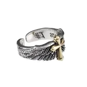 Men’s Adjustable Wing Cross Ring| Gothic Graffiti Lettering in Dark Silver Tone, Bold Statement Ring