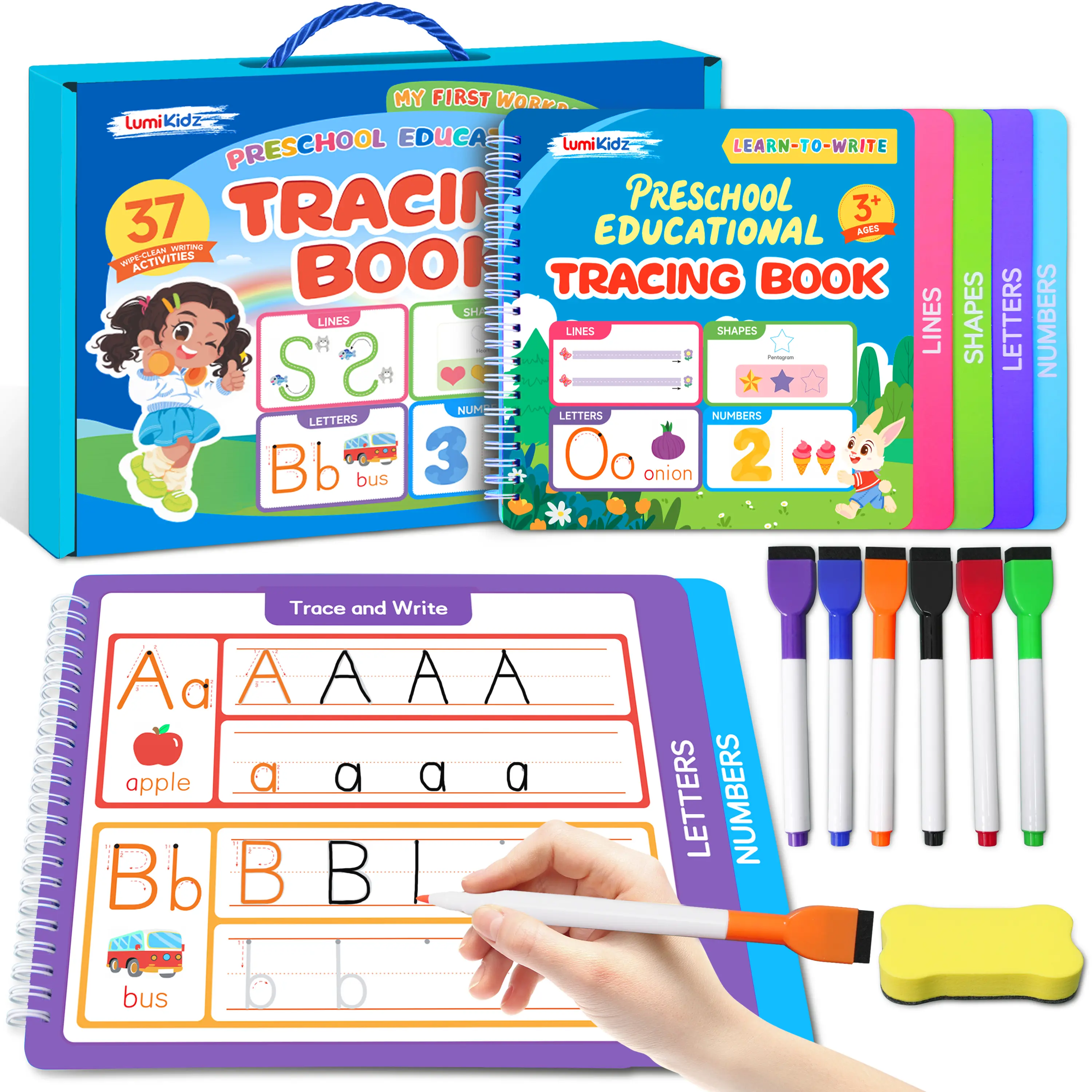 LUMIKIDZ Reusable Preschool Busy Book for Boys and Girls Ages 3+, School Educational Supplies with Number-Letter Tracing, Autism Learning Materials, Reusable Pages to Keep Kids Busy