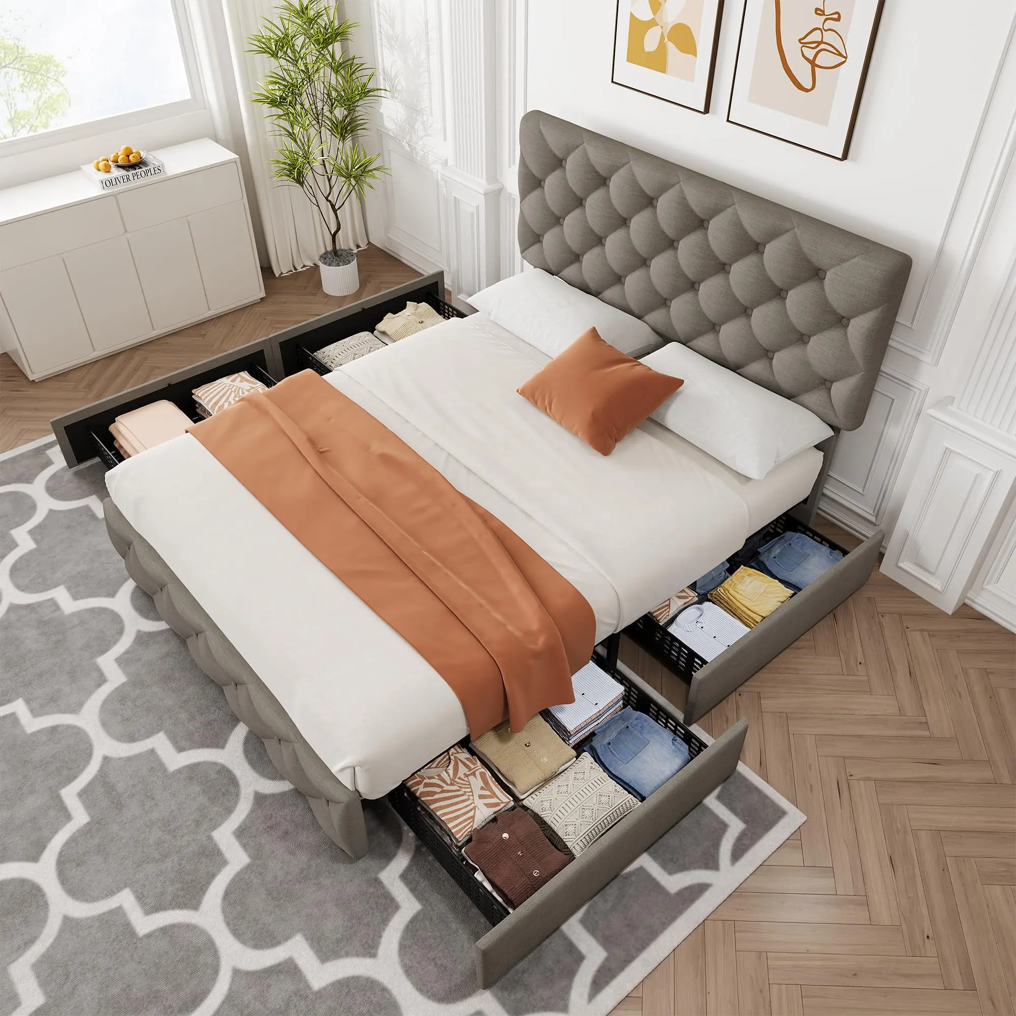 Garvee Queen Size Upholstered Headboard Bed Frame - Linen Upholstery, Button Tufted, 4 Storage Drawers, Headboard & Footboard, Wooden Slats Support, No Box Spring Needed, Light Grey, Hidden Compartment Bed Frames, Headboard Bed Frames