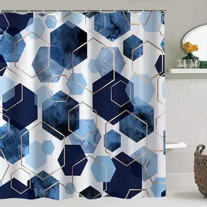 Modern Geometric Hexagon Shower Curtain Set, Blue Gradient, Trim, Bathroom Shower Equipment, Shower Essentials, Includes 12 Plastic Hooks, Non-Slip Mat, Toilet Lid Pad