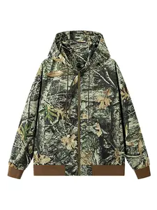 Men's Camo Windproof Hooded Jacket Coat, Long Sleeve Fitted Workwear Outerwear, Spring & Fall Casual Style, Fs-Camo Pattern