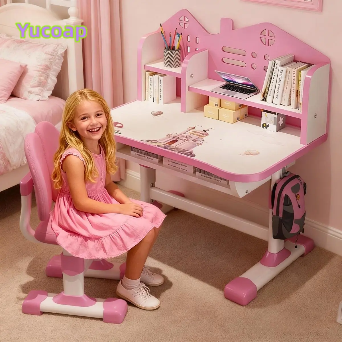 YUCOAP Kids Desk and Chair Set, Height Adjustable Study Table with Astronaut Design, Bookshelf & Large Drawer, Writing Desk for Boys and Girls Ages 3+