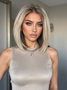 13x6 Lace Front Wig in Platinum Color, Short Straight Hair with Ombre Roots, Breathable Everyday Use, No Bangs Design for Summer, Synthetic Lace Wigs