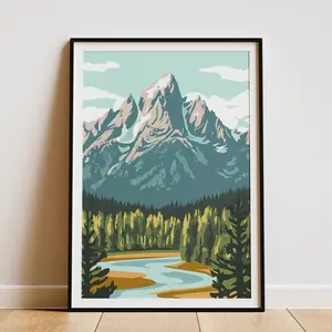 Grand Teton National Park Poster Wyoming Landscape Print Vintage Travel Poster National Park Art Modern Mountain Illustration Home Decor