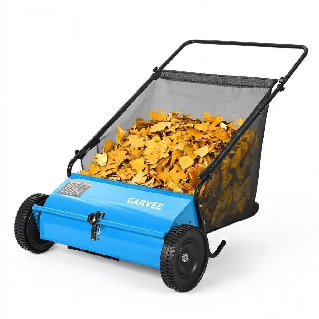 26 Inch Push Lawn Sweeper, 7 Cu. ft Grass Cutter, 4 High-Speed Spinning Brushes, Durable Steel Construction, Walk-Behind Leaf & Grass Collector for Yard Cleanup, Steel Frame, Large Wheels