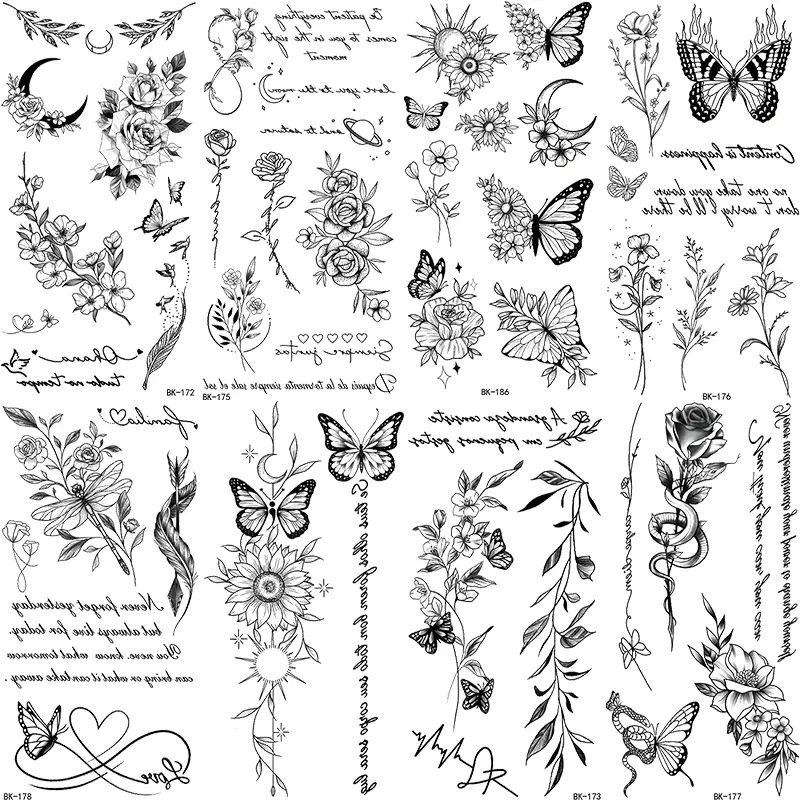 8-Piece Floral Temporary Tattoo Stickers Set, Waterproof Temporary Tattoos, Ephemeral Tattoos, Butterfly Snake Feather Letter Patterns, Non-Reflective Fake Tattoos for Hands & Body Art