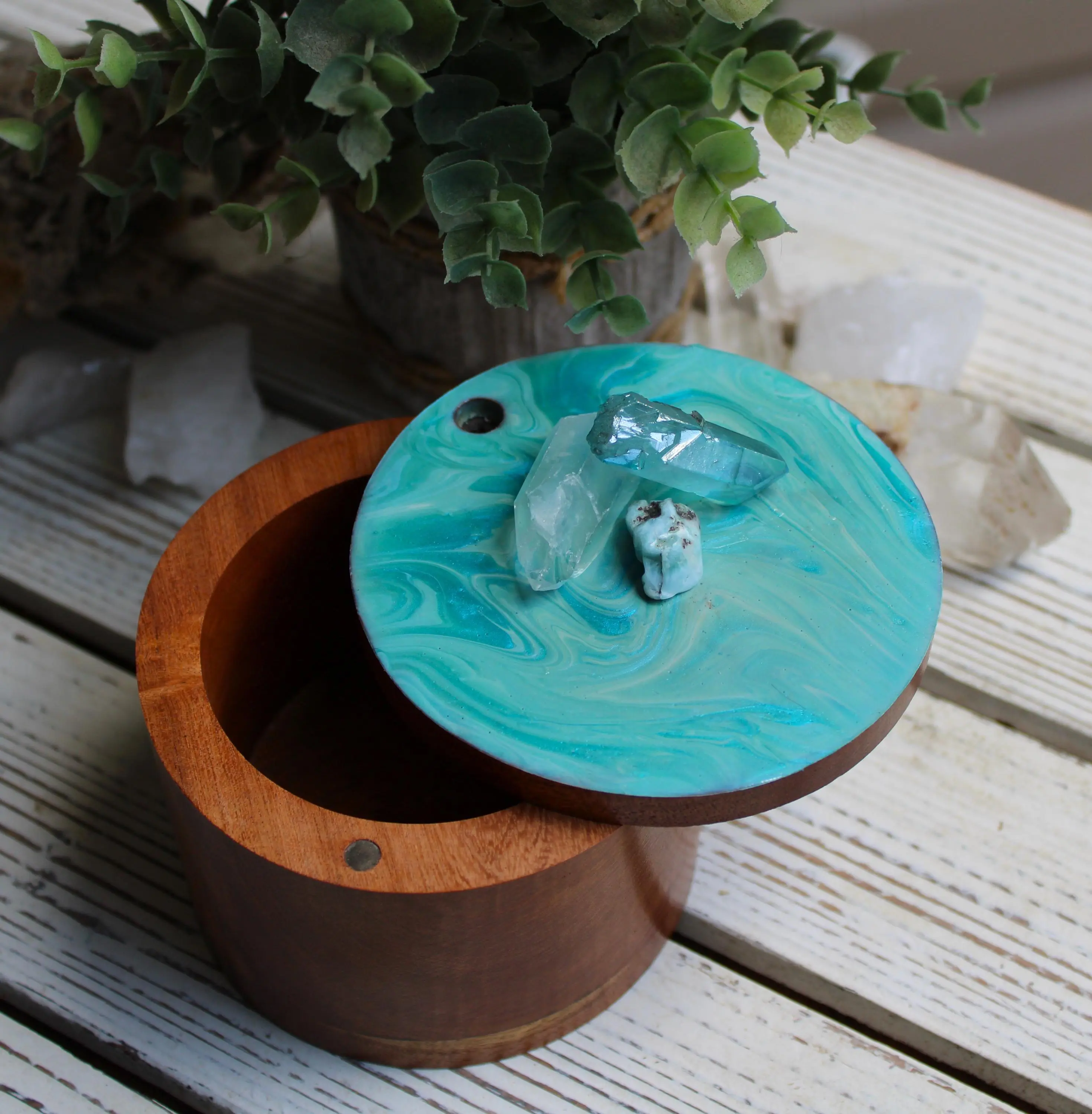 Stash Box, Jewelry Box, Keepsake Box, Hand Painted Box Crystals Angel Aura, Clear Quartz and Larimar 4" x 4 x 3"