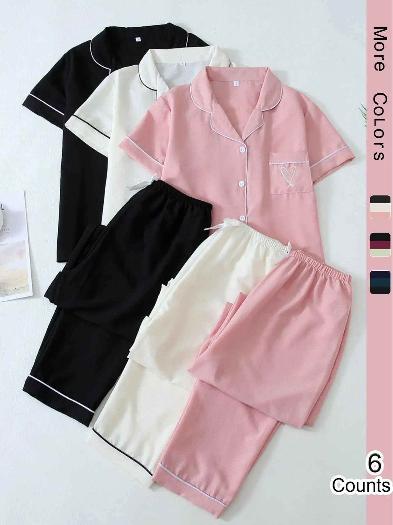 Women's Contrast Binding Lapel Neck Pocket Pajama Set, Short Sleeve Button Front Shirt & Elastic Waist Pants PJ Set, Casual Comfy Pyjama Set for Women