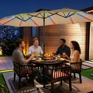 【13FT Multi-colored LED Light】Costoffs Double-Sided Patio Umbrella with Solar-Powered Multi-Mode LED Lights, Large Rectangular Outdoor Market Umbrella with Base & Crank for Garden, Yard, Pool & Lawn