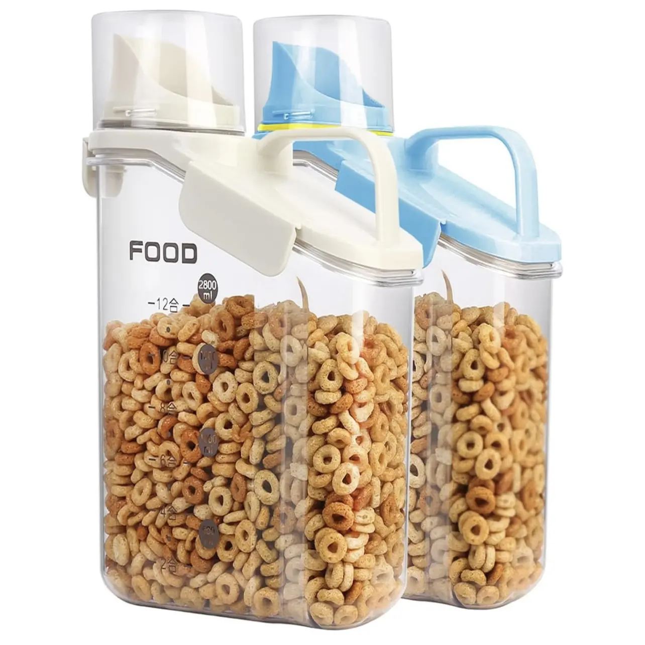 ZHOHO TANT 2pcs Airtight Food Storage Canister Set, BPA-Free Plastic 94oz/2.8L White-Blue Leak-Proof Kitchen Dispenser Jars with Pouring Spout & Measuring Cup for Flour, Grain