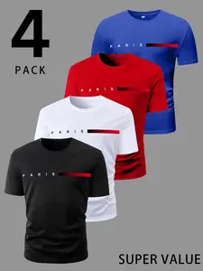 Premium 4-Piece Men's Graphic Tee Bundle - Paris Letter Print Sporty Fashion T-Shirts - Breathable Lightweight Short Sleeve Tops for Gym, Work, and Night Out