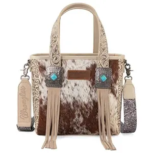 Wrangler Hair-On Cowhide Tote Bag for Women Western Handbag Floral Tooling Patterns With Turquoise Stone Concho