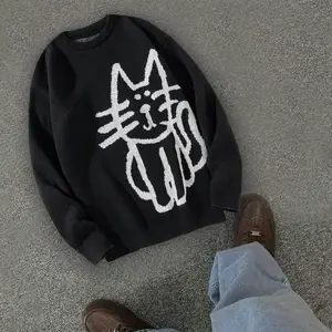 #SummerVibes Cartoon Cat Jacquard Loose Sweater American Daily Wear Casual Pullover Knitted Sweater Dopamine Color College Style Unisex Sweater,summerwins