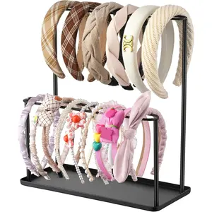 Headband Holder Organizer Metal 2-Tier with Tray: Hair Accessories Display Stand Storage Hairband Rack Necklace Stand  Bedroom for Girls Women, Black