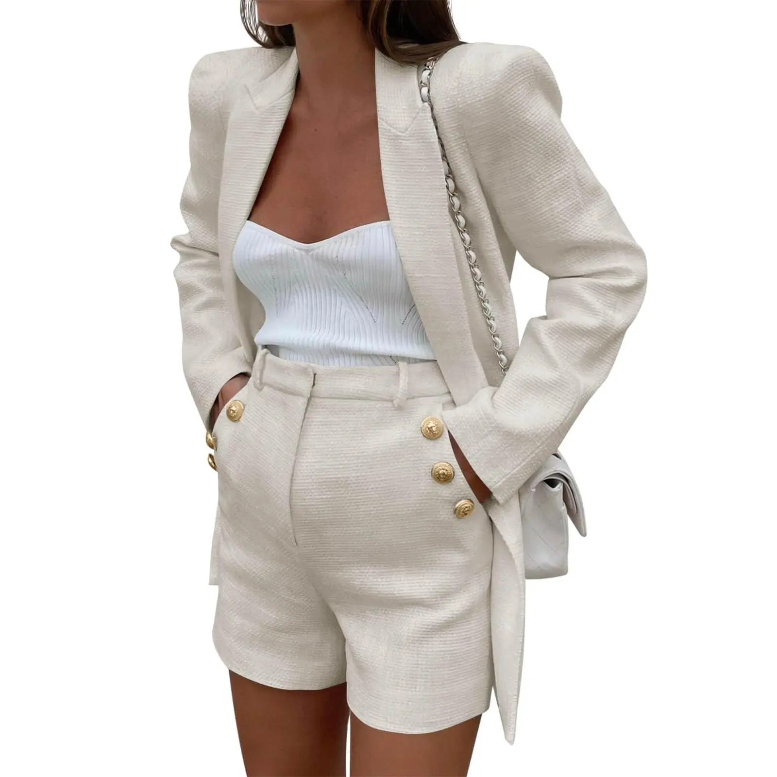 Traf Women's 2-Piece Tweed Suit Set, Long Sleeve Double Breasted Blazer & Shorts, Formal Outfit for Business & Casual Wear 2025