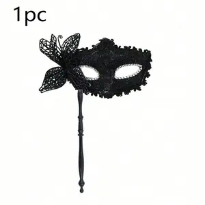 1pc Women's Party Mask with Handheld Stick, Half-Face Halloween Costume Accessory, Floral Design for Festivals & Events, Perfect Gift Idea