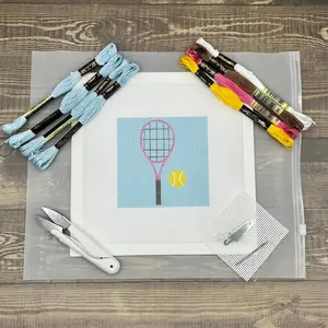 Tennis Racquet Needlepoint Kit (on cyan)