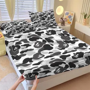 Black-White Camouflage Fitted Sheet Set & 2 Pillowcases No Core, Low-Saturation Camo & Iconic Ape Head Logo Unique Pattern, Soft Material Anti-Slip Wrinkle Resistant, Industrial Hip Hop Style Bedroom Decor, Gift for Fans