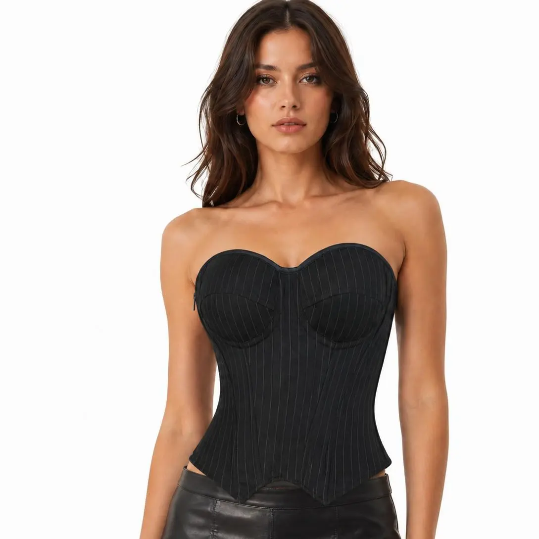 Women's Striped Blazer-Style Corset Top - Strapless Boned Bustier with Built-in Underwire Cups, Slimming Shapewear for Costumes, Women's Fashion, Striped Blazer Look, Sleeveless, Compression, Polyester