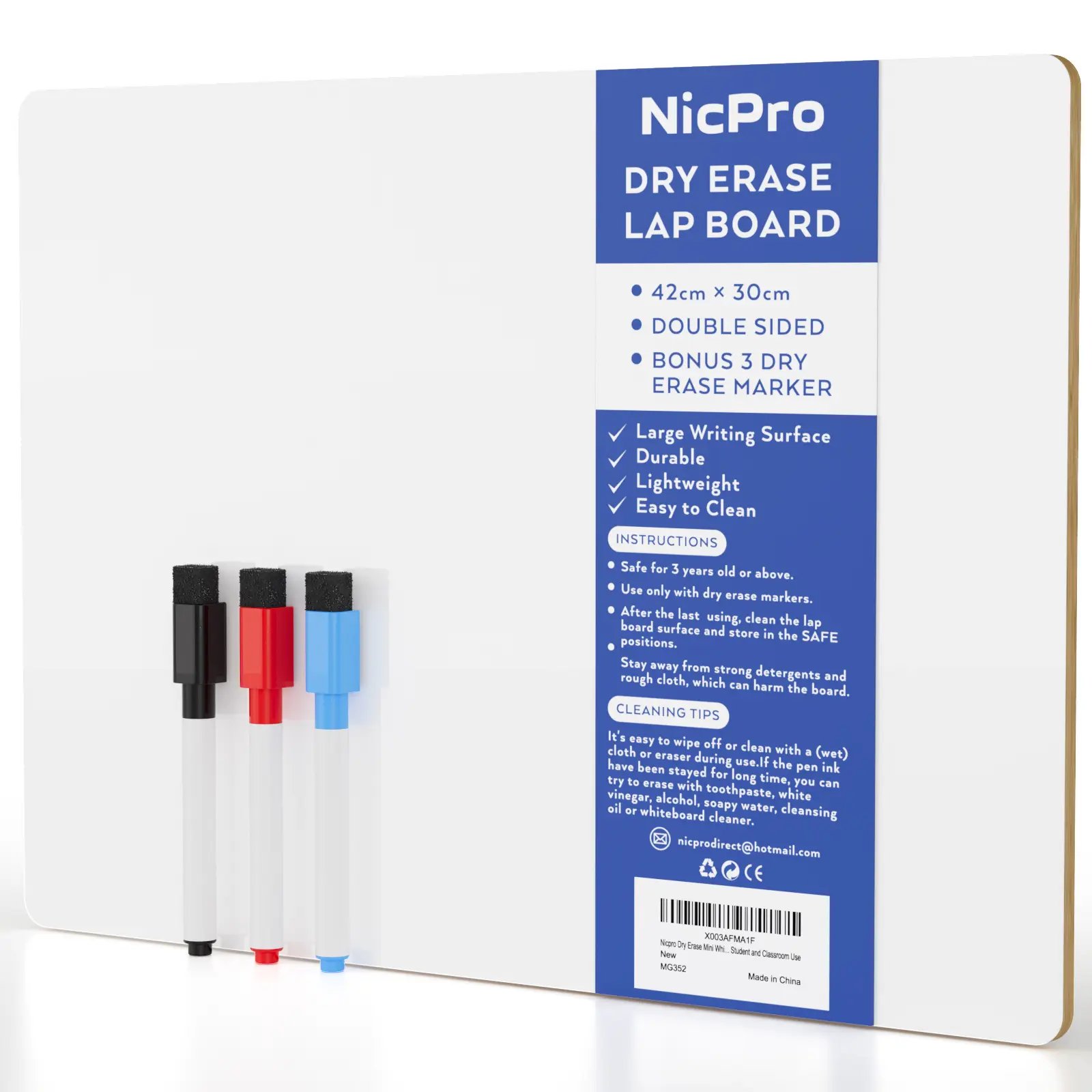 Nicpro 12x16 in Portable Reusable Dry Erase Lap Board - Double-Sided Drawing Board with 3 Water-Based Color Marker Set for Kids' Classroom Education