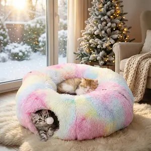 SmartWell Cat Tunnel Bed 2 In 1 Large Rainbow Donut Round Pet Bed Peekaboo Toy Tube Collapsible Plush Sherpa Warm Cushion For Indoor Cats Puppy Rabbit Washable Winter Christmas Gift cat tunnel christmas tree skirt winter calming