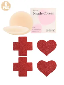 3pairs Self-Stick Nipple Pasties: Heart Sequin Tassel & Glitter Designs for Nightclub Festival Costumes，Round silicone nipple covers, suitable for weddings, parties, and dresses