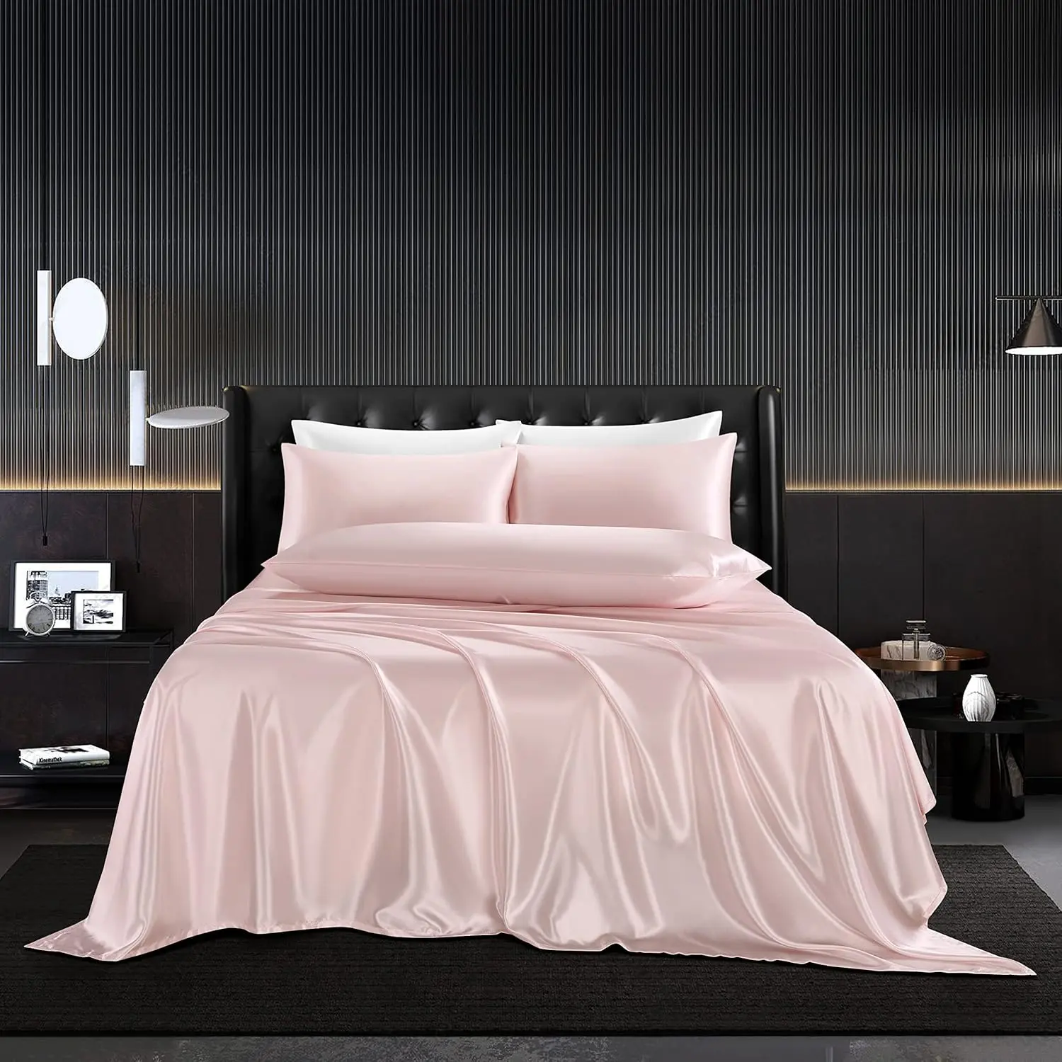 5Pc Blush Pink Silk Satin Full Size Comforter with 1 Satin Flat Sheet,1 Deep Pocket Sheet,3 Pillowcases with Envelope Closure, Hotel Style Bedding, Soft Bedding Sets, Wrinkle Resistant