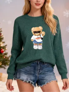 Women's Fall Winter Round Neck Faux Fur Top, Warm Soft Texture, Cool Sunglasses Bear Graphic Print, Casual Sweet Style, Daily Wear