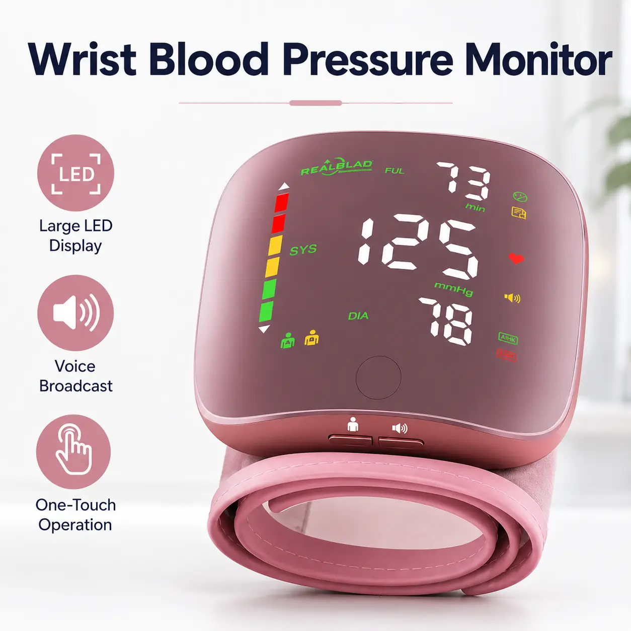 Wrist Blood Pressure Monitor with Large LED Display, Voice Broadcast, 1-Touch Operation, Automatic Power-Off, Adult Home Tracking Tool, Fits 5.3-7.6 in Wrist (Home Supplies, Party Gift Option)