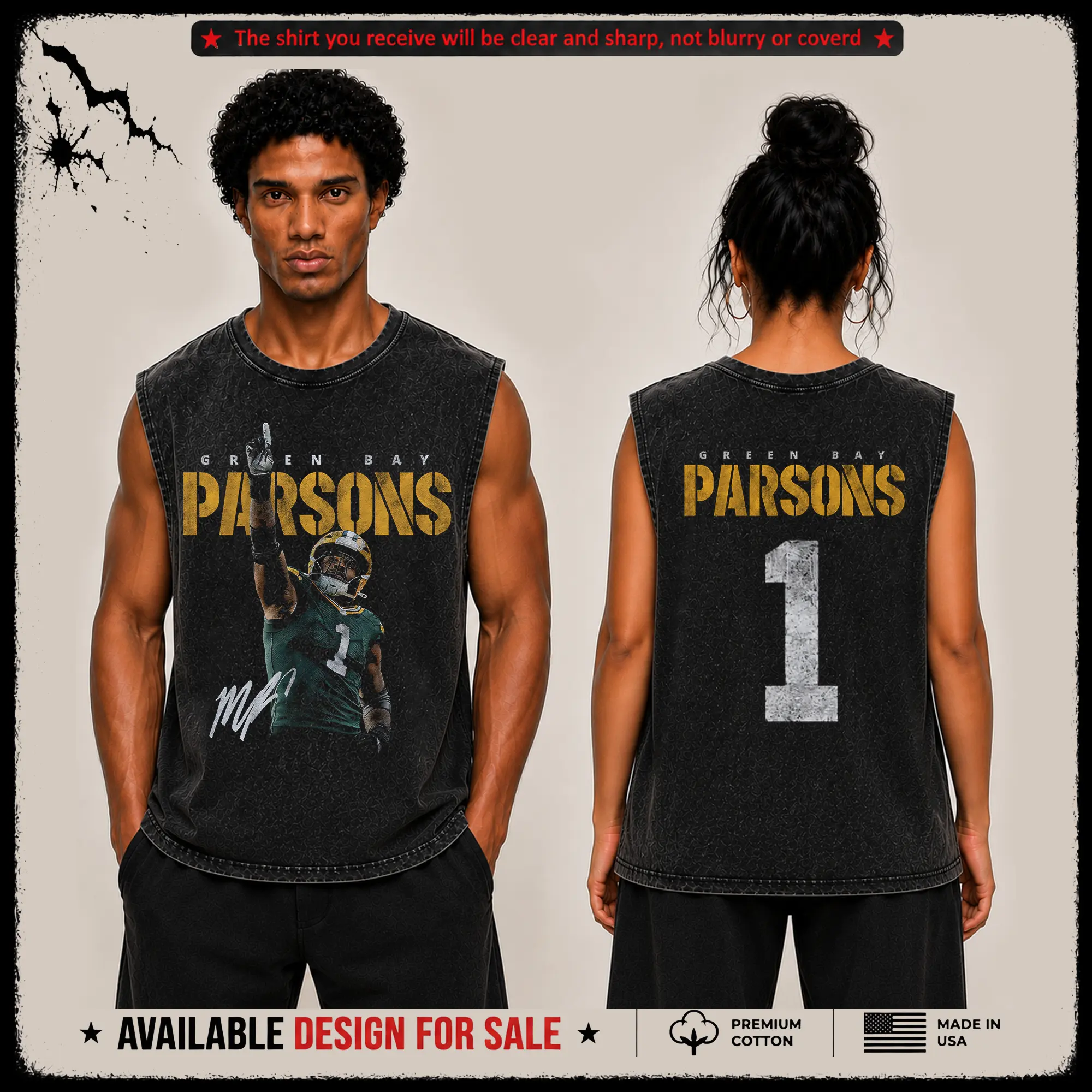[X-26] Micah Parson 1 Celly Graphic Premium Acid Washed Tank-Top (Made in US), Packers Football Fans Fits High Quality 100% Cotton Sleeveless Shirt, Packers Nation, Cheeseheads Outfit, Gift for Football Fans, Boyfriend