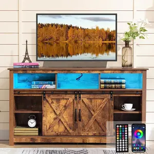 Farmhouse Coffee Bar Cabinet With Power Outlet & LED Light, 57" Barn Door Sideboards & Buffets Cabinet Kitchen Storage With Adjustable Shelves, Wooden TV Stand Entertainment Center for 65 inch TV Media Console Table, Living Room Kitchen Dining Furniture