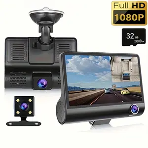 HD 1080P 3-Channel Dash Camera with Front Inside Rear Recording, Night Vision Car DVR with 4-Inch Large Screen, Reversing Assist, Loop Recording, Parking Monitor, Accident Evidence Recorder, Built-in 32GB Memory for Safe Driving