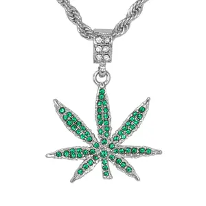 Weed leaf Iced Gold Silver Plated Pendant & 4mm 18" 20" 24" Rope Chain Hip Hop Style Necklace Jewelry