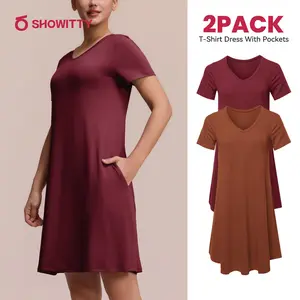 SHOWITTY 2-Pack Women's Casual T-Shirt Loungewear Dresses with Pockets Plus Size Short Sleeves Pajama Dress- Breathable Lightweight Fit for Summer Outings Everyday Wear