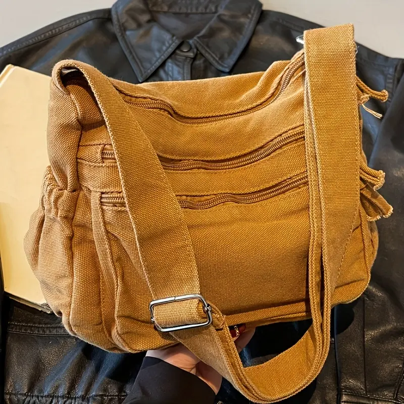 New women's fashion solid color vintage-style shoulder bag, multi-zipper multi-compartment adjustable shoulder strap casual crossbody bag, classic square bag design, suitable for work, a perfect choice for shopping and outings, spacious shoulder bag, mult