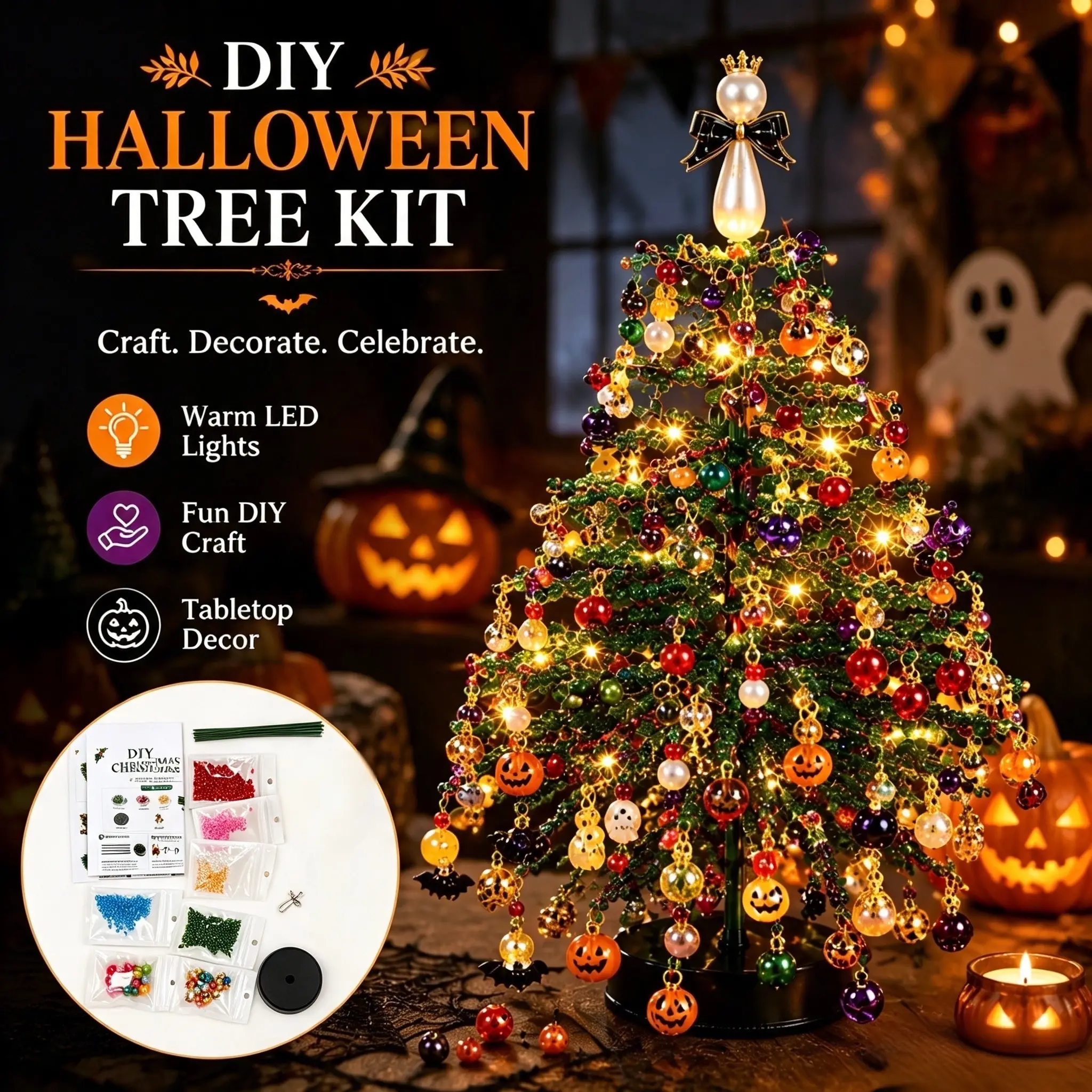 DIY Beaded Christmas Tree Kit[Assembly Required], Crystal Christmas Craft Set with Colorful Beads, Ornament Charms, Metal Tree Frame & Angel Topper, Handmade Holiday Decor, Warm Glow Tabletop Decoration, Creative Christmas Gift-YY2