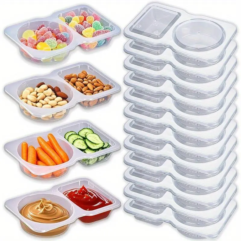 20pcs Snack Pack Containers, Double Compartment Condiment Containers with Lids, Reusable Sauce Dipping Containers, Grab and Go Snack Containers, Disposable Snack Box Container