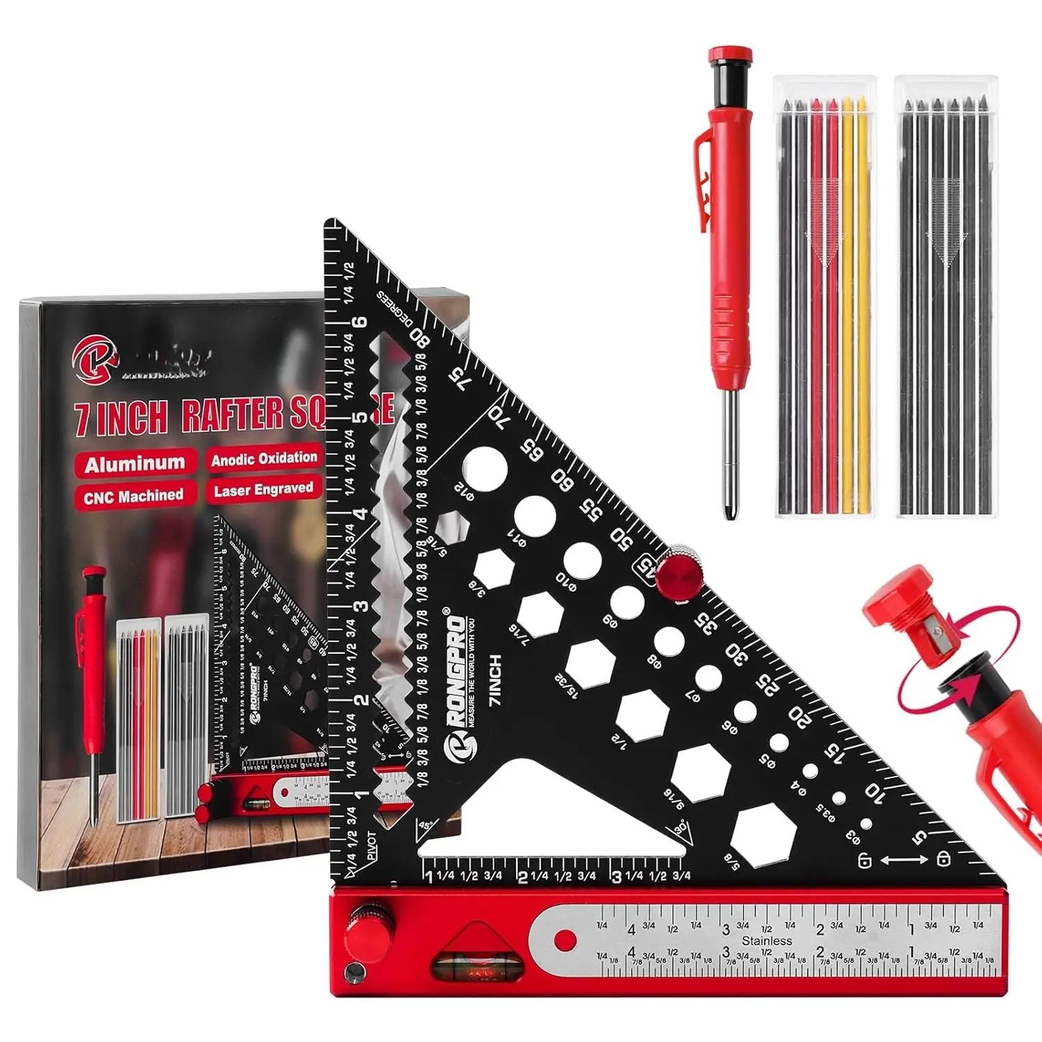 8 in 1 Rafter Square with Carpenter Pencil, Multi-Purpose Carpenter Square Tools: Square, Protractor, Steel Ruler, MarkingGauge, T-Bevel Gauge, Bubble Level