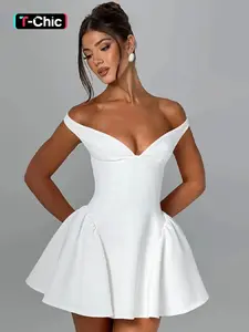 Women's Plain Off The Shoulder Dress, Elegant Classy Flattering Sexy Fashion Zipper Back Short Dress for Party Club Dating Wear, Women Dress for Summer