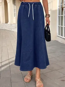 Women's Casual Midi Skirt, Loose-Fitting Adjustable Drawstring Denim Skirt, All-Seasons Daily Wear, Perfect for Outing and Commuting