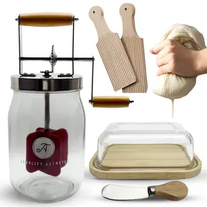 Butter Churner Set – Includes Glass Dish with Lid, Cheesecloth, Wooden Paddles & Knife Spreader – Butter Churn - Make Homemade Butter Fast & Easy