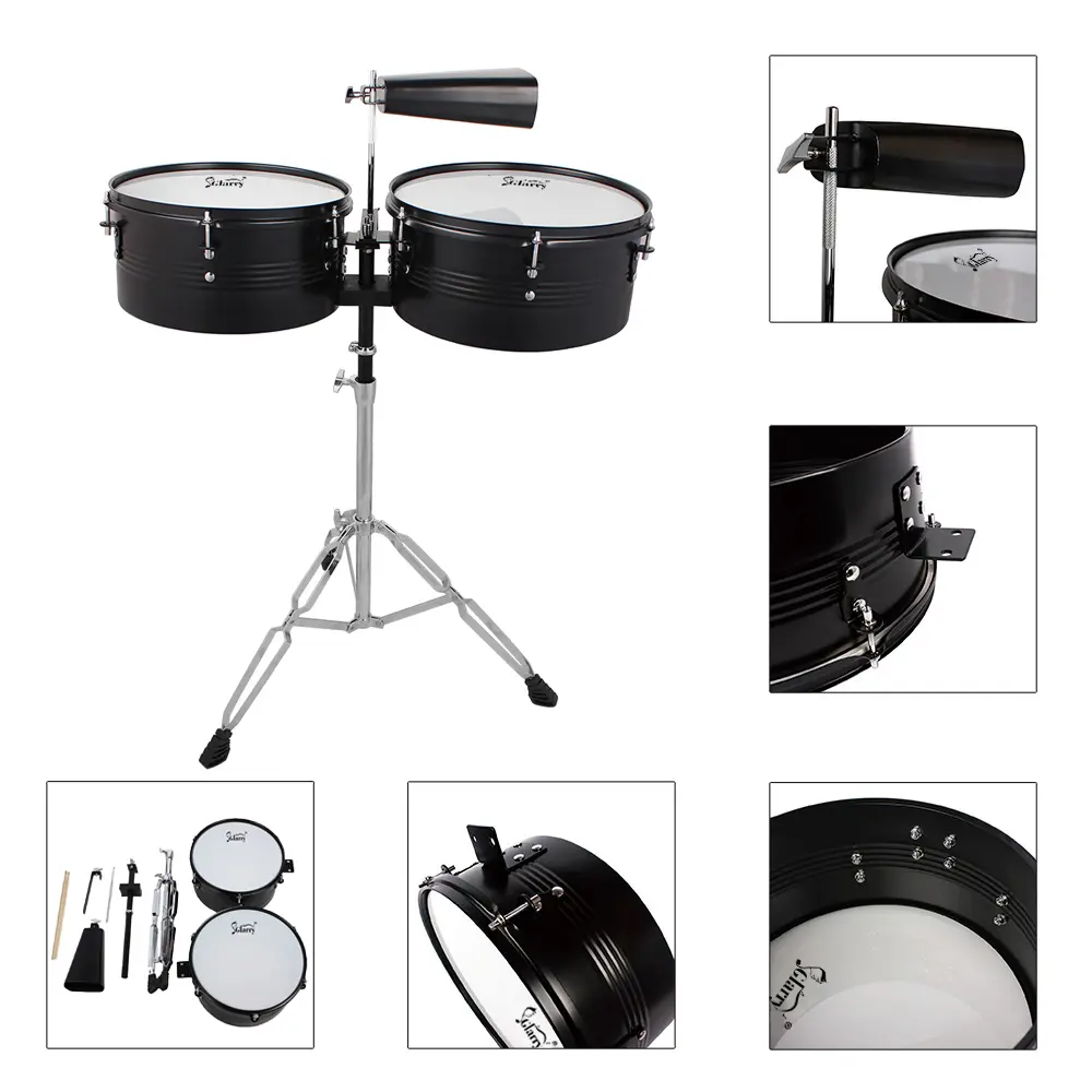 13" & 14" Timbales Drum Set, Unisex Percussion Kit with Stand, Cowbell, Bells & Chimes, Default Accessories for Beginners, Includes Accessories, Affordable Student Studio Music Equipment (Black)