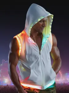 Men White Hooded Tank LED Light Up Sync Burning Man Rave Tops Night Club Show for Halloween Dance Party Sweatshirts Menswear