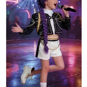 3-piece set of singer stage outfits birthdays, Halloween, Christmas, concerts, photo shoots.Easy to wear, matching set with a round geometric pattern, long sleeves, tight shorts, and outdoor casual style