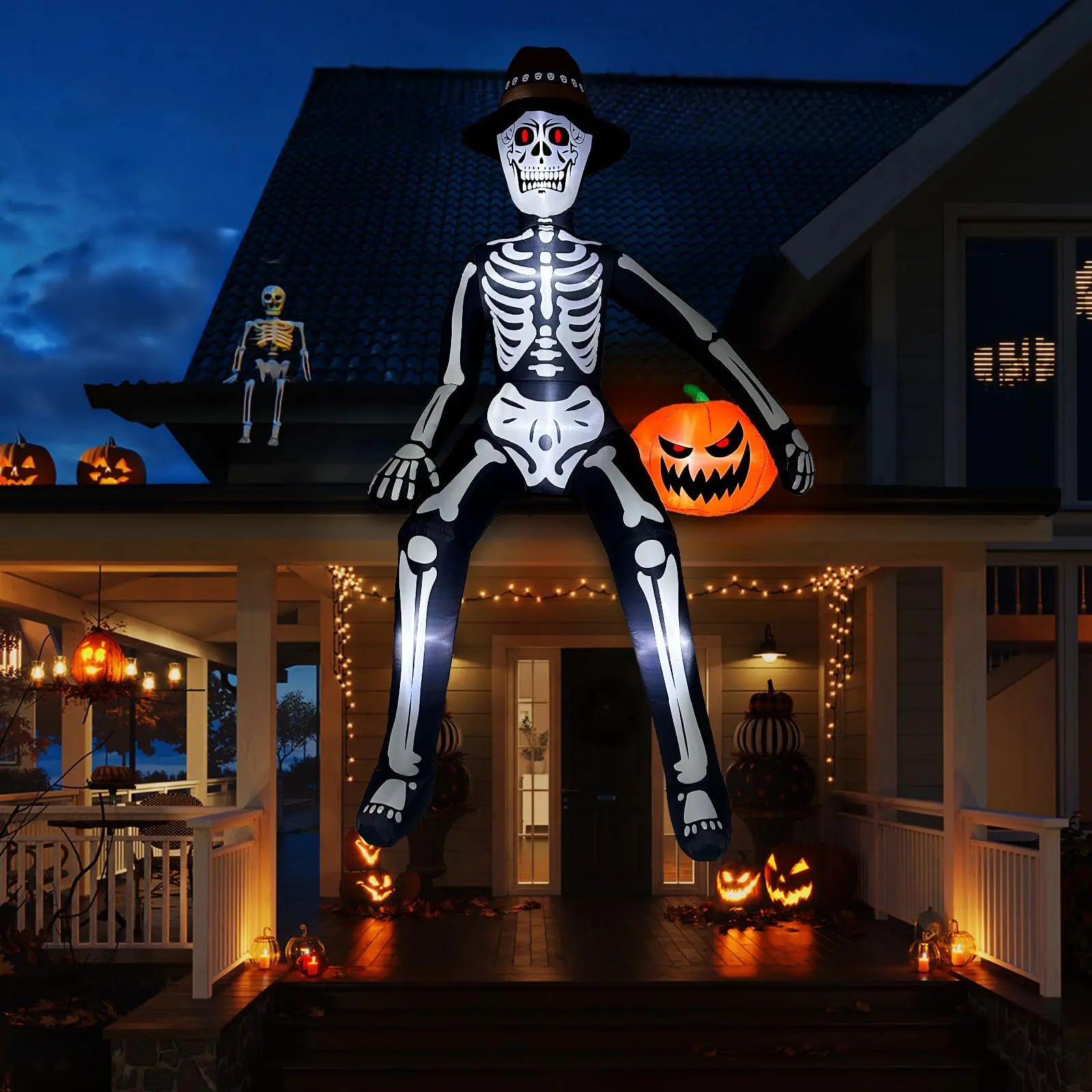 10 FT Halloween Inflatable Giant Sitting Skeleton with Pumpkin and Built in LED Lights, Blow Up Outdoor Decoration for Roof, Balcony, Lawn, Garden and Haunted Party