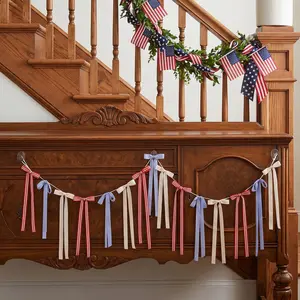 6.7 ft Red White and Blue Patriotic Bow Ribbon Garland, 4th of July Hanging Streamer Banner, USA Flag Themed Decor, 250th Anniversary Decoration, Indoor Outdoor Wall Porch Mantel Backyard Supplies, Memorial Day Veterans Day Labor Day Independence Day