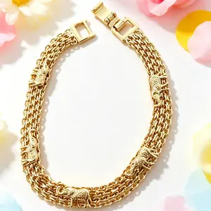 Women's Elephant Pendant Bracelet, Elegant Gold-Plated Bangle with a Hollow Out Wide Band, Fashionable 7-Inch Chain Jewelry, Bracelets Jewelry